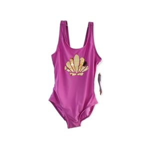 NWT Girls Purple Two Sided Sequins Gold and Silver Sea Shell 1 piece  Swimsuit